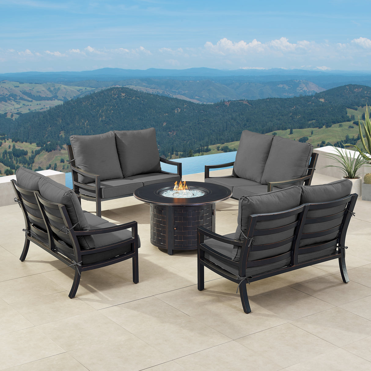 Black Aluminum Fire Table Set with Four Deep Seating Loveseats