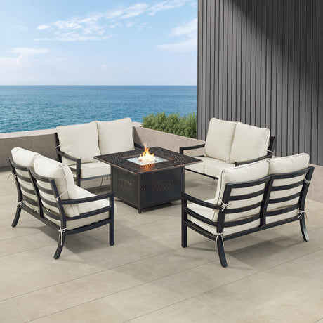 Black Aluminum Fire Table Set with Four Deep Seating Loveseats - Sharicks