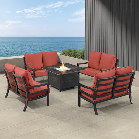 Black Aluminum Fire Table Set with Four Deep Seating Loveseats - Sharicks