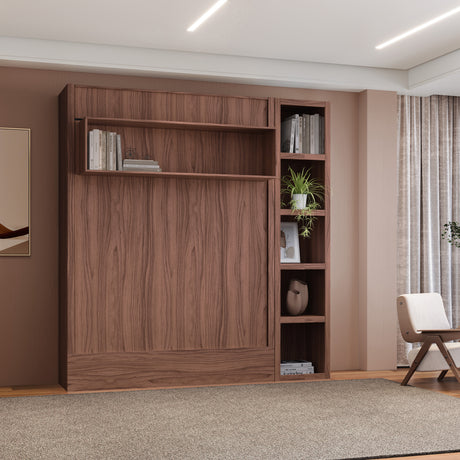 Easy-Lift Full Murphy Wall Bed in Natural Brown Wood Grain with Bookshelf - Sharicks