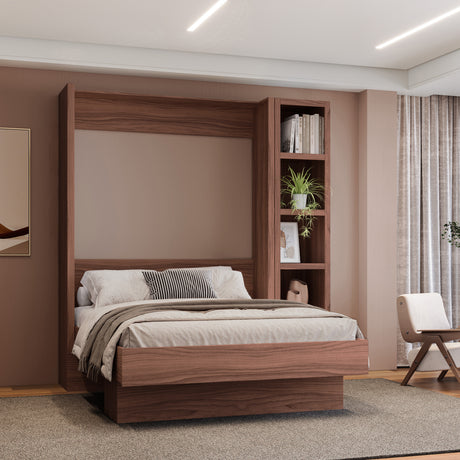 Easy-Lift Full Murphy Wall Bed in Natural Brown Wood Grain with Bookshelf - Sharicks