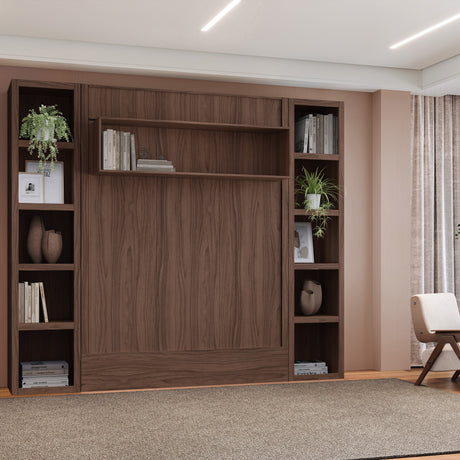 Easy-Lift Full Murphy Wall Bed in Natural Brown Wood Grain with Two Bookshelves - Sharicks