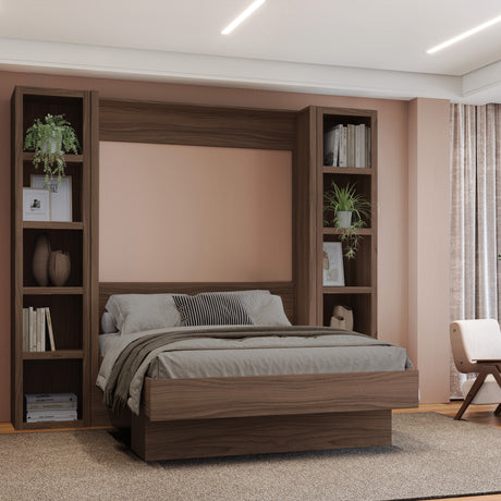 Easy-Lift Full Murphy Wall Bed in Natural Brown Wood Grain with Two Bookshelves - Sharicks