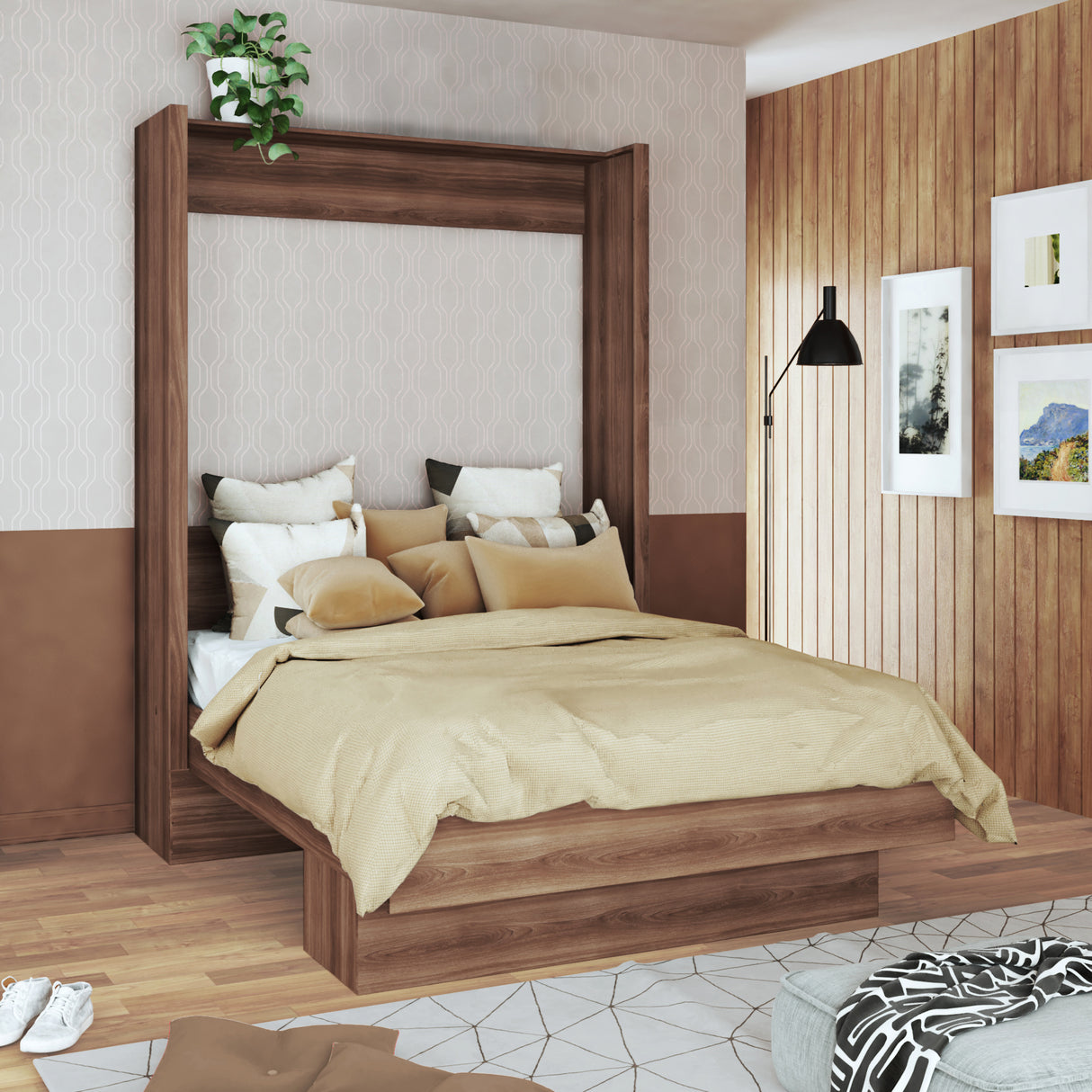 Easy-Lift Queen Murphy Wall Bed in Natural Brown Wood Grain with Shelf