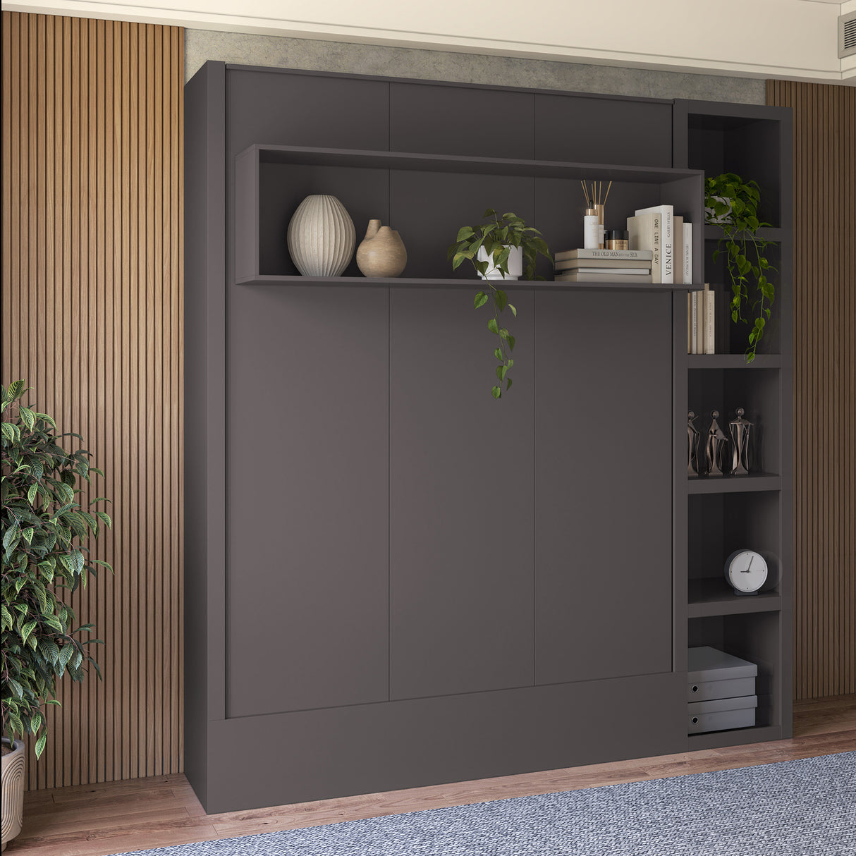 Easy-Lift Queen Murphy Wall Bed in Dark Grey with Bookshelf - Sharicks