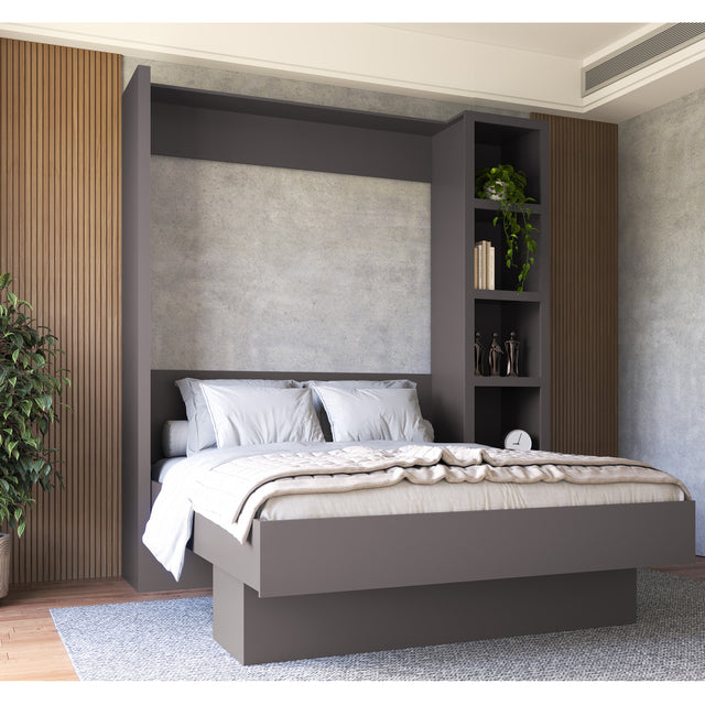 Easy-Lift Queen Murphy Wall Bed in Dark Grey with Bookshelf - Sharicks