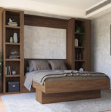 Easy-Lift Queen Murphy Wall Bed in Brown Wood Grain with Two Bookshelves - Sharicks