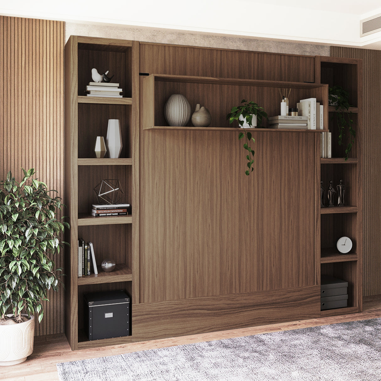 Easy-Lift Queen Murphy Wall Bed in Brown Wood Grain with Two Bookshelves - Sharicks