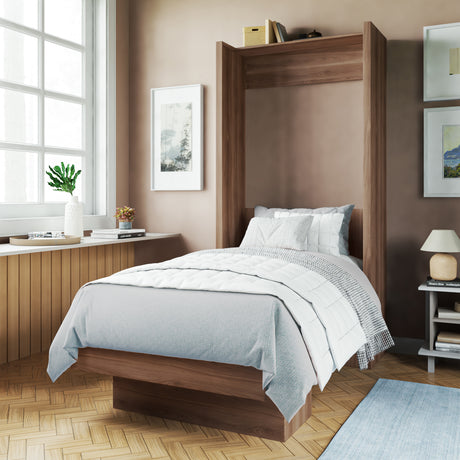 Easy-Lift Twin Murphy Wall Bed in Natural Brown Wood Grain with Shelf - Sharicks