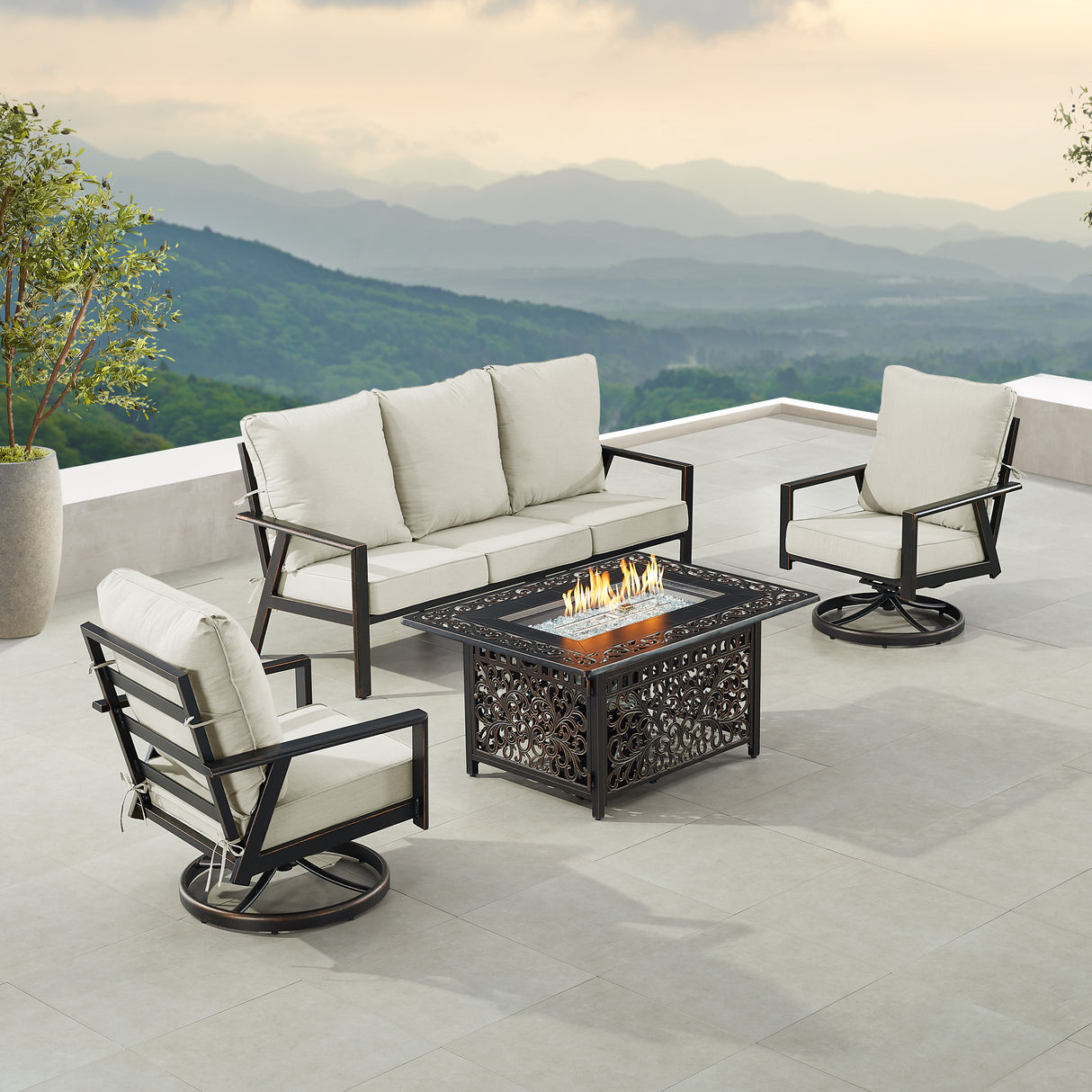 Black Aluminum Fire Table Set with Deep Seating Sofa with Cushion and Two Club Chairs - Sharicks