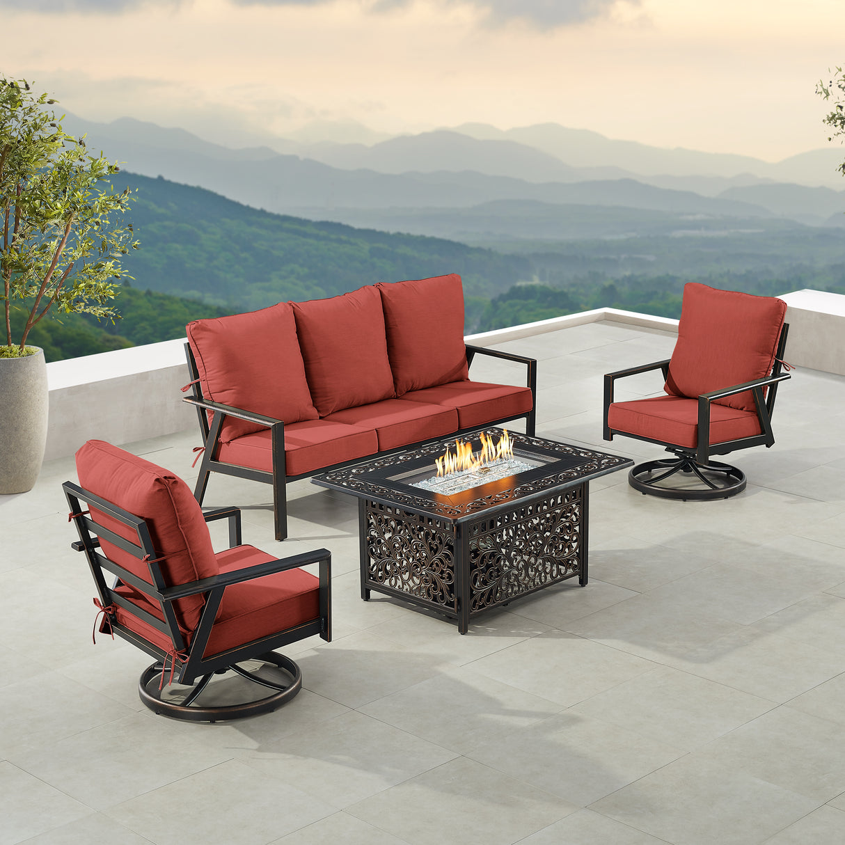 Black Aluminum Fire Table Set with Deep Seating Sofa with Cushion and Two Club Chairs - Sharicks