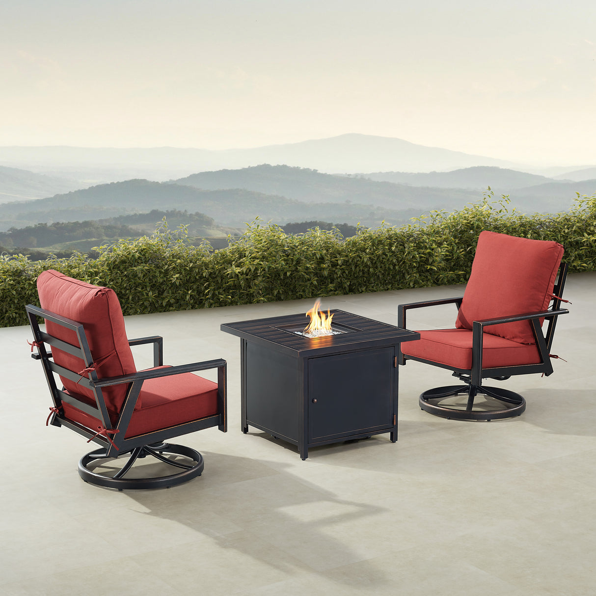 Black Aluminum Fire Table Bistro Set with Two Club Chairs