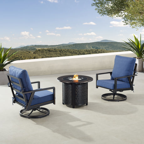 Black Aluminum Fire Table Bistro Set with Two Club Chairs