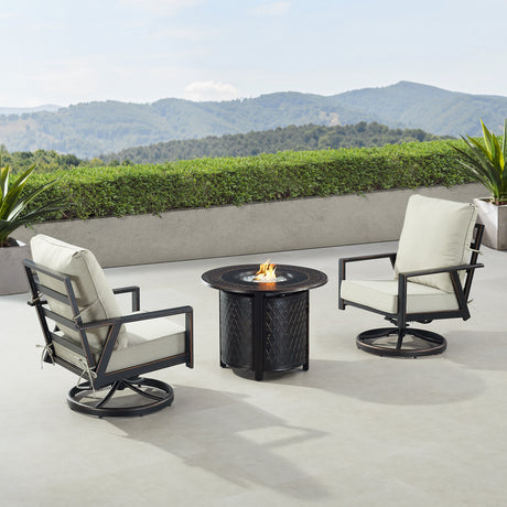 Black Aluminum Fire Table Bistro Set with Two Club Chairs