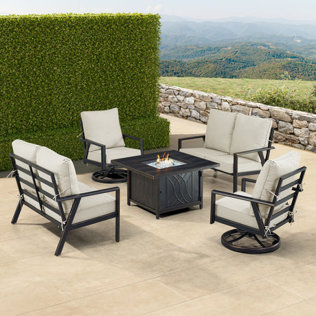 Black Aluminum Fire Table Set with Two Deep Seating Loveseat with Cushions and Two Club Chairs - Sharicks