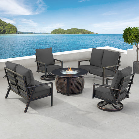 Black Aluminum Fire Table Set with Two Deep Seating Loveseat with Cushions and Two Club Chairs - Sharicks