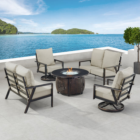 Black Aluminum Fire Table Set with Two Deep Seating Loveseat with Cushions and Two Club Chairs - Sharicks