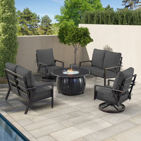 Black Aluminum Fire Table Set with Two Deep Seating Loveseat with Cushions and Two Club Chairs - Sharicks