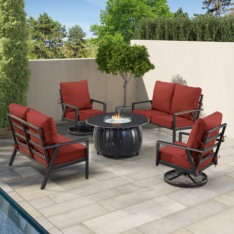 Black Aluminum Fire Table Set with Two Deep Seating Loveseat with Cushions and Two Club Chairs - Sharicks