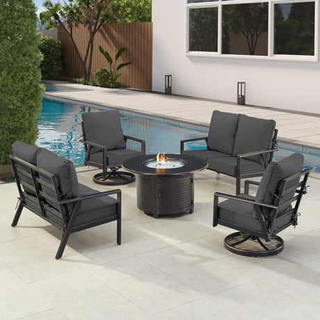 Black Aluminum Fire Table Set with Two Deep Seating Loveseat with Cushions and Two Club Chairs - Sharicks