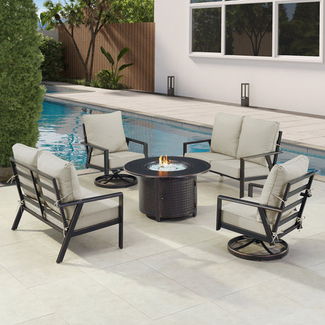 Black Aluminum Fire Table Set with Two Deep Seating Loveseat with Cushions and Two Club Chairs - Sharicks