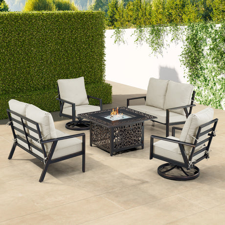 Black Aluminum Fire Table Set with Two Deep Seating Loveseat with Cushions and Two Club Chairs - Sharicks