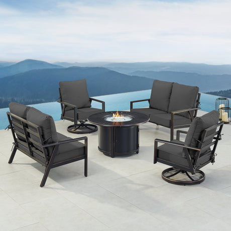 Black Aluminum Fire Table Set with Two Deep Seating Loveseat with Cushions and Two Club Chairs - Sharicks