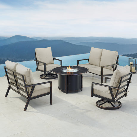 Black Aluminum Fire Table Set with Two Deep Seating Loveseat with Cushions and Two Club Chairs - Sharicks