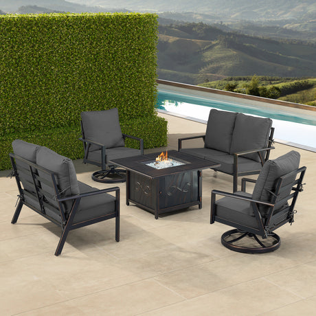 Black Aluminum Fire Table Set with Two Deep Seating Loveseat with Cushions and Two Club Chairs - Sharicks