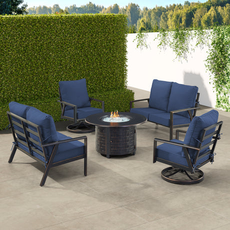 Black Aluminum Fire Table Set with Two Deep Seating Loveseat with Cushions and Two Club Chairs - Sharicks