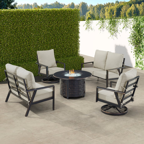 Black Aluminum Fire Table Set with Two Deep Seating Loveseat with Cushions and Two Club Chairs - Sharicks