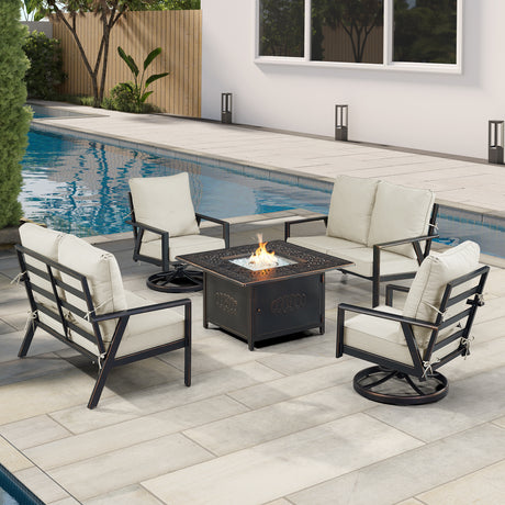 Black Aluminum Fire Table Set with Two Deep Seating Loveseat with Cushions and Two Club Chairs - Sharicks