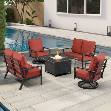 Black Aluminum Fire Table Set with Two Deep Seating Loveseat with Cushions and Two Club Chairs - Sharicks