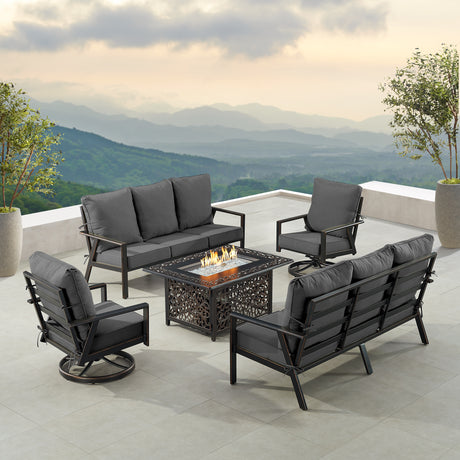 Black Aluminum Fire Table Set with Two Deep Seating Sofa with Cushions and Two Club Chairs