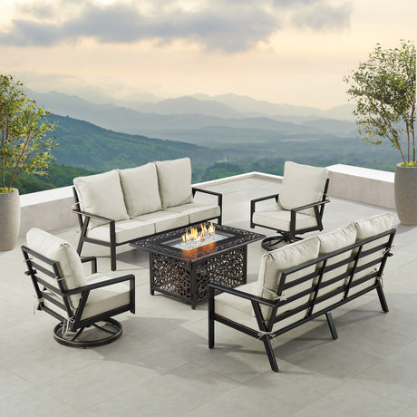 Black Aluminum Fire Table Set with Two Deep Seating Sofa with Cushions and Two Club Chairs