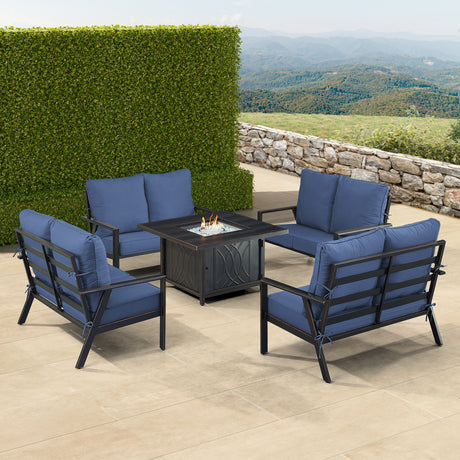 Black Aluminum Fire Table Set with Four Deep Seating Loveseat with Cushions - Sharicks