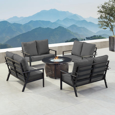 Black Aluminum Fire Table Set with Four Deep Seating Loveseat with Cushions - Sharicks