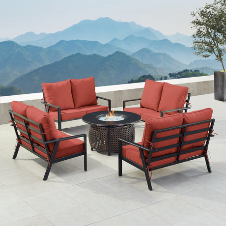 Black Aluminum Fire Table Set with Four Deep Seating Loveseat with Cushions - Sharicks