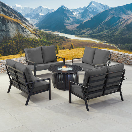 Black Aluminum Fire Table Set with Four Deep Seating Loveseat with Cushions - Sharicks