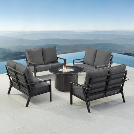 Black Aluminum Fire Table Set with Four Deep Seating Loveseat with Cushions - Sharicks