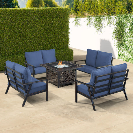 Black Aluminum Fire Table Set with Four Deep Seating Loveseat with Cushions - Sharicks