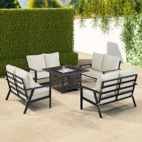 Black Aluminum Fire Table Set with Four Deep Seating Loveseat with Cushions - Sharicks