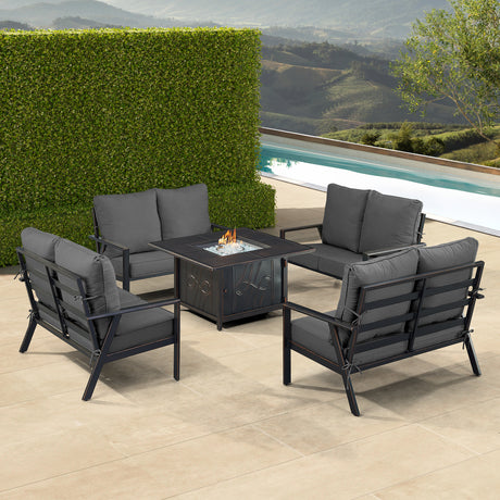 Black Aluminum Fire Table Set with Four Deep Seating Loveseat with Cushions - Sharicks