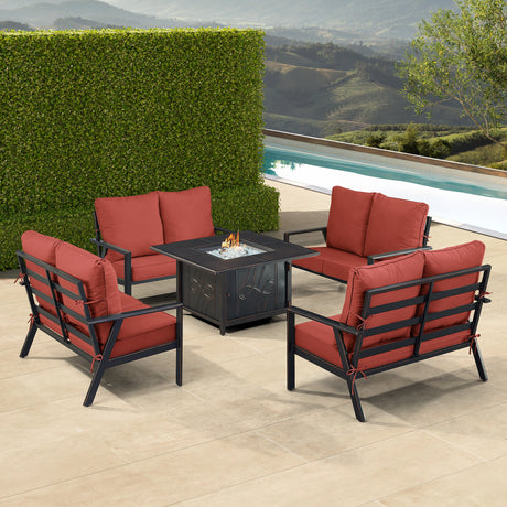 Black Aluminum Fire Table Set with Four Deep Seating Loveseat with Cushions - Sharicks