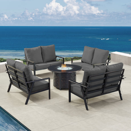 Black Aluminum Fire Table Set with Four Deep Seating Loveseat with Cushions - Sharicks