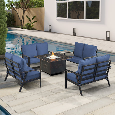 Black Aluminum Fire Table Set with Four Deep Seating Loveseat with Cushions - Sharicks