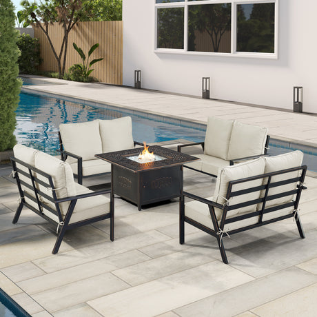 Black Aluminum Fire Table Set with Four Deep Seating Loveseat with Cushions - Sharicks