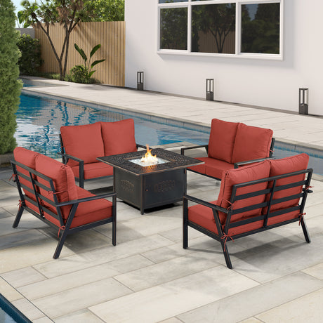 Black Aluminum Fire Table Set with Four Deep Seating Loveseat with Cushions - Sharicks