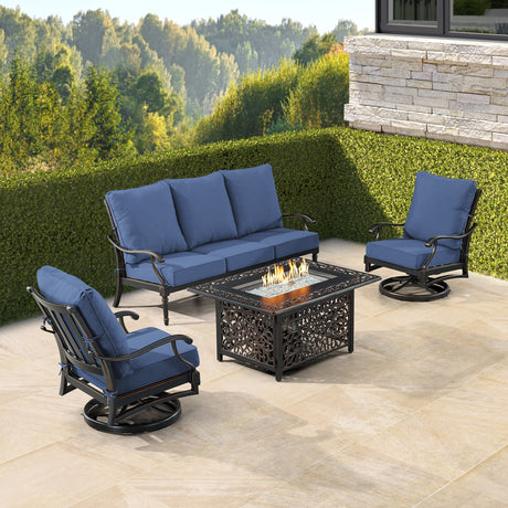 Black Aluminum Fire Table Set with Sofa and Two Club Chairs - Sharicks