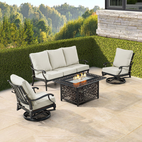 Black Aluminum Fire Table Set with Sofa and Two Club Chairs - Sharicks